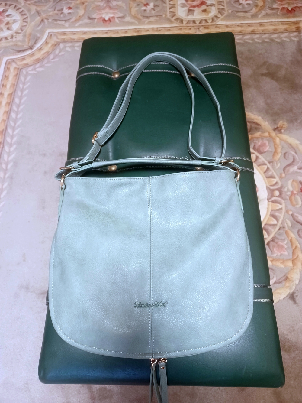 MONTANA WEST LIGHT BLUE LEATHER HOBO SHOULDER BAG- EXPANDABLE